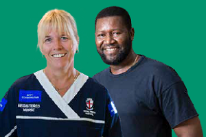 Photograph of two people, one a nurse