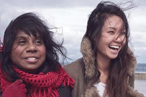 Two women looking wind swept